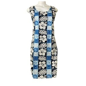 Vintage Hawaiian Hibiscus Floral Shift Dress Blue White Cotton Size L